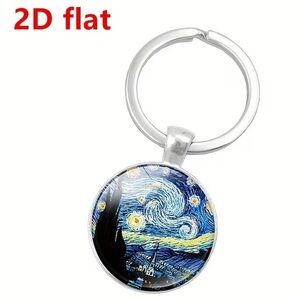 Starry Night 2D Flat Vintage Glass Cabochon Keyring NIP